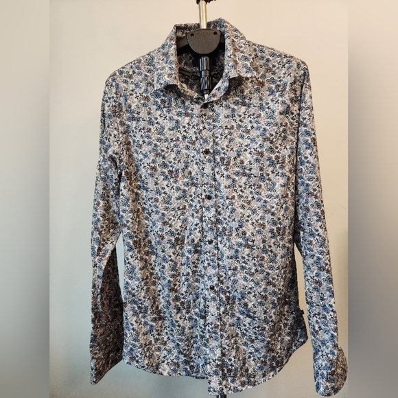 Matinique Grey Blue Floral Long Sleeve Men's Shirt. 100% cotton. Size L - Picture 5 of 14